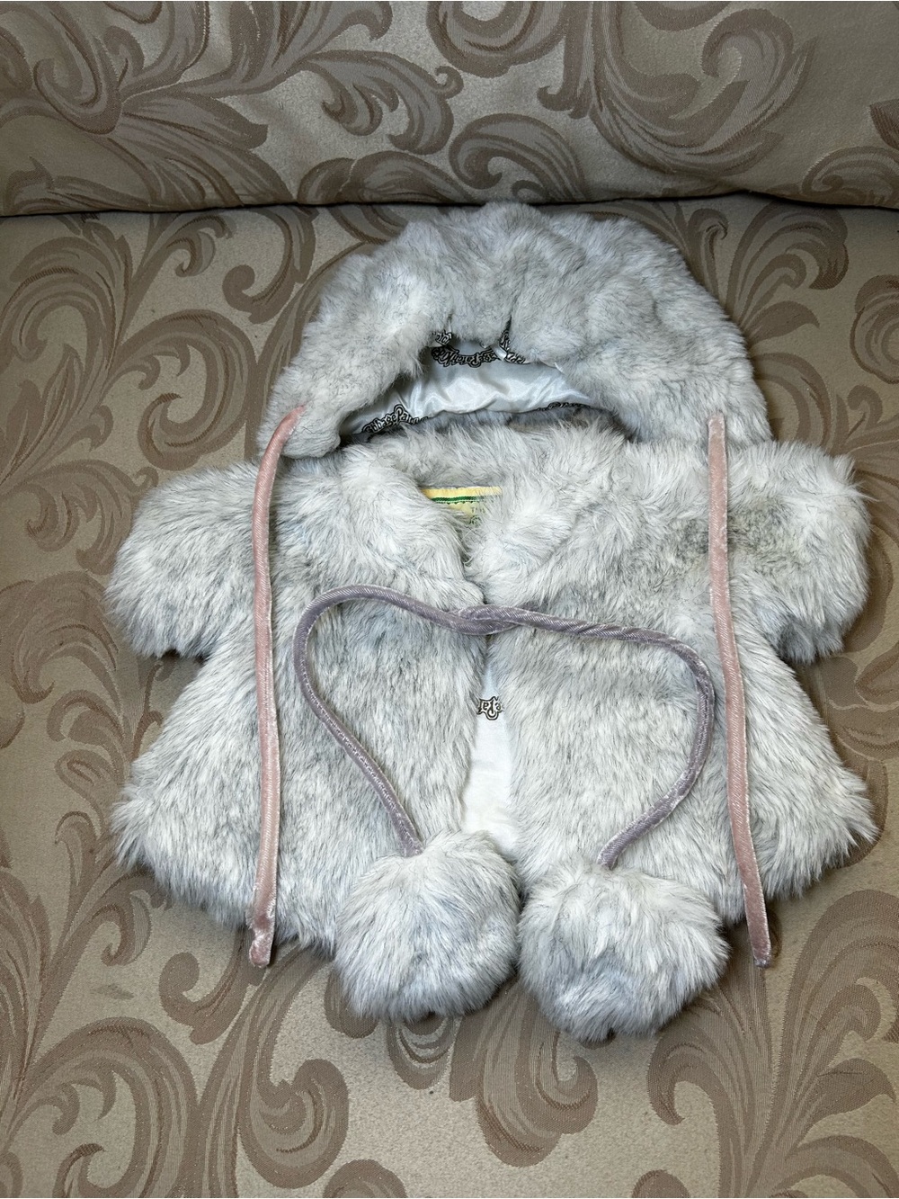 Vintage Cabbage Patch Kids Fun Fur Jacket Coat Hat Set Gray Pom Pom Doll Clothes